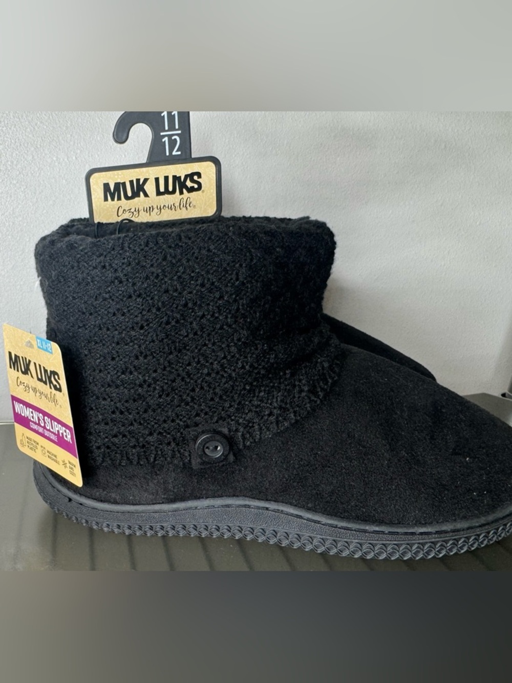 Muk Luks knit button bootie slipper slip-on boots cozy comfortable warm